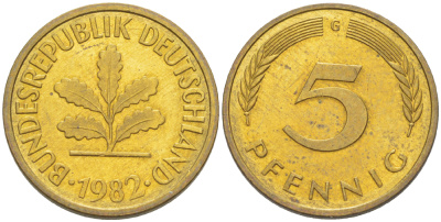 ФРГ 5 ПФЕННИГОВ 1983 G KM 107, J. 382 сталь плакированная латунью 4181-1016