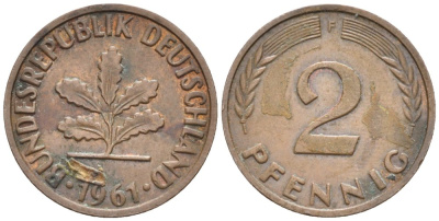 ФРГ 2 пфеннига 1961 F KM 106, J. 381 бронза 4577-415