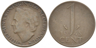 Нидерланды 1 цент 1948 Вильгельмина (1890-1948), год тип KM 175 бронза 3955-212