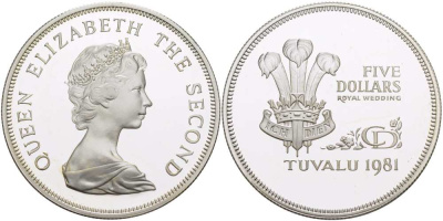Тувалу 5 долларов 1981 королевская свадьба принца Чарльза и леди Дианы KM 12а серебро PROOF 1085-6-14