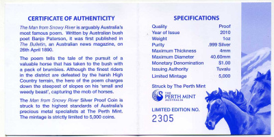 Тувалу 1 доллар 2010 Человек с заснеженной реки, 'Банджо' Патерсон эмаль, коробка, сертификат, тираж 5000 экз., серебро PROOF 6-5-1-27