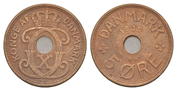 Дания 5 эре 1939 N, Кристиан X (1912-1947) KM 828 бронза 4657-255