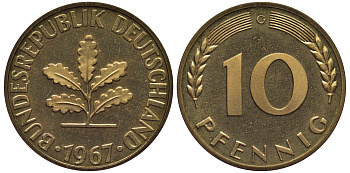ФРГ 10 пфеннигов 1967 G J 383, KM 108 сталь плакированная латунью  PROOF  1099-4-22