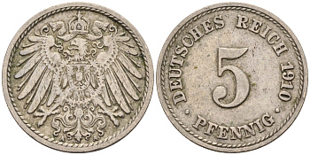 Германия 5 пфеннигов 1910 A KM 11, J.12 медно-никель 4594-854