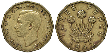 Великобритания 3 пенса 1942 Георг VI (1936-1952) KM 849, Spink 4112 никель латунь 4122-914