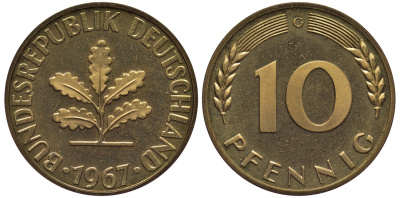 ФРГ 10 пфеннигов 1967 G J 383, KM 108 сталь плакированная латунью  PROOF  1099-4-22