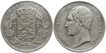 Бельгия 5 франков 1851 Леопольд I (1831-1865) KM 17 серебро 633-112