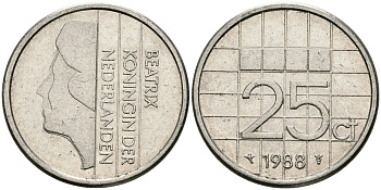 НИДЕРЛАНДЫ 25 ЦЕНТОВ 1988 БЕАТРИКС KM 204 никель 96-318