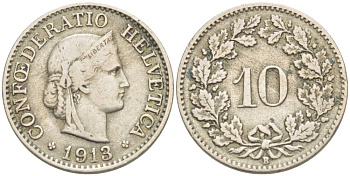 ШВЕЙЦАРИЯ 10 РАППЕНОВ 1913 В KM 27 медно-никель 4541-422