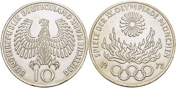 ФРГ 10 марок 1972 J, XX летние Олимпийские игры 1972 года в Мюнхене, олимпийский огонь KM 135, J.405 серебро 413-1425