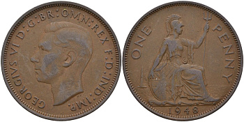 Великобритания 1 пенни 1948 Георг VI (1936-1952) KM 845, Spink 4114 бронза 4144-935