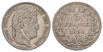 Франция 5 франков 1834 A, Луи-Филипп I (1830-1848) KM 749 серебро 1519-833