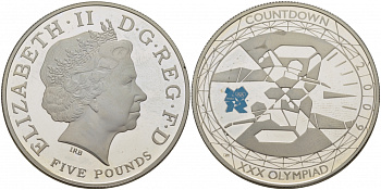 Великобритания 5 фунтов 2009 Елизавета II (1952-2022), XXX летние Олимпийские Игры, Лондон 2012 - Обратный отсчет «3», Плавание KM 1121a, Spink LO33 серебро PROOF 1077-1-41