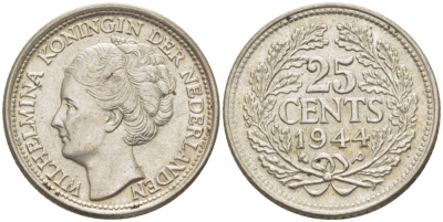 Нидерланды 25 центов 1944 Вильгельмина (1890-1948) KM 164 серебро aUNC 66-1152
