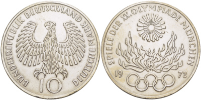 ФРГ 10 марок 1972 J, XX летние Олимпийские игры 1972 года в Мюнхене, олимпийский огонь KM 135, J.405 серебро 413-1425