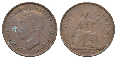 Великобритания 1 пенни 1945 Георг VI (1936-1952) KM 845, Spink 4114 бронза 4661-823