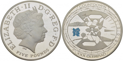 Великобритания 5 фунтов 2009 Елизавета II (1952-2022), XXX летние Олимпийские Игры, Лондон 2012 - Обратный отсчет «3», Плавание KM 1121a, Spink LO33 серебро PROOF 1077-1-41