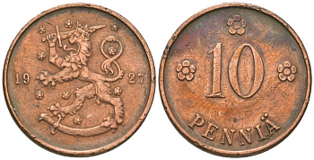 Финляндия 10 пенни 1927 KM 24 медь 4591-1012