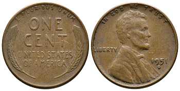 США 1 ЦЕНТ 1951 D ЛИНКОЛЬН KM А132 медь цинк 61-1227