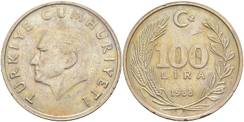 ТУРЦИЯ 100 ЛИР 1988 KM 967 медь никель цинк 4111-311