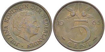 НИДЕРЛАНДЫ 5 ЦЕНТОВ 1963 ЮЛИАНА (1948-1980) KM 181 бронза 213-1043