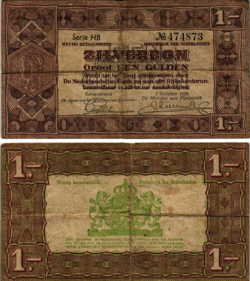 Нидерланды 1 гульден 1938 серебряный ваучер, в серии 2 буквы, 6 цифр Pick 61, Akkermans 4.1 b  бумага 445-61-3