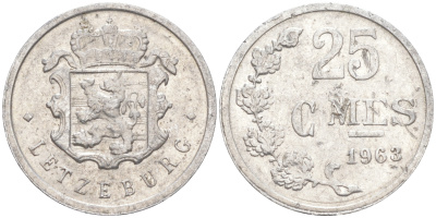 ЛЮКСЕМБУРГ 25 САНТИМОВ 1963 KM 45а.1 алюминий 4392-1315