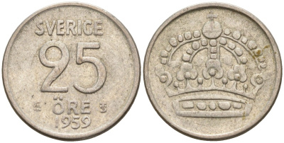 Швеция 25 эре 1959 TS, Густав VI Адольф (1950-1973) KM 824 серебро 4147-1068