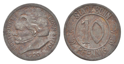 Бонн 10 пфеннигов 1920 Людвиг ван Бетховен Funck 51.1A, Men05 3220.1, Men18 4134.1 железо 4708-1025