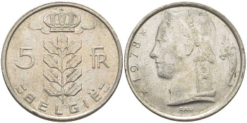 БЕЛЬГИЯ 5 ФРАНКОВ 1978 BELGIE, БОДУЭН I (1951-1993) KM 135.1 медно-никель 119-842