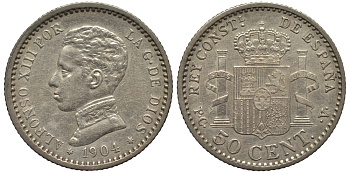 ИСПАНИЯ 50 СЕНТИМО 1904 P.C.V., АЛЬФОНСО XIII KM 723 серебро 413-4343