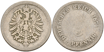 Германия 5 пфеннигов 1874 A J.3  KM 3 медно-никель    4598-965