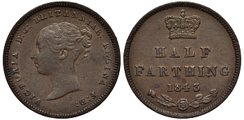 Великобритания 1/2 фартинга 1843 Виктория (1837-1901) KM 738, Spink 3951 медь 633-1431