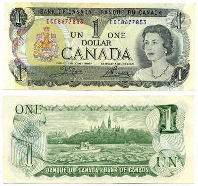 Канада 1 доллар 1973 Елизавета II (1952- ), здание парламента на реке Оттава, Crow-Bouey Pick 85 c бумага aUNC 7375-26-2-1