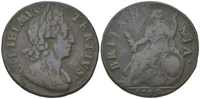 Англия 1/2 пенни 1699 Вильгельм III (1694-1702) KM 503, Spink 3556 медь 4590-632