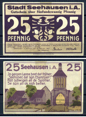 Зехаузен в Альтмарке (Пруссия, Саксония) 25 пфеннигов 1921 DeNG 1/2 1215.1-2/3 бумага UNC (пресс) 7556-23-2-1