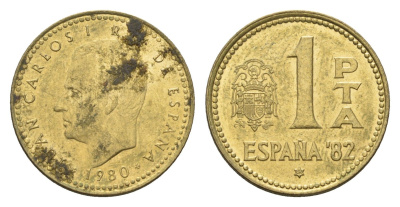 Испания 1 песета 1980 (82) чемпионат мира по футболу в Испании 1982 года, Хуан Карлос I (1975-2014) KM 816 алюминиевая бронза 4674-452