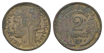 Франция 2 франка 1938 KM 886 алюминиевая бронза 4610-421