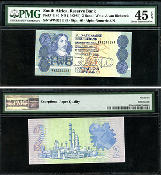 ЮАР 2 ранда ND (1983-89) Бартоломеус Вермуйден, нефтеперерабатывающий завод, африкаанс-английский, в слабе PMG 58 Choice Extremely Fine Pick 118 d бумага    452-1-57