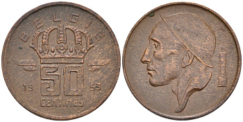 БЕЛЬГИЯ 50 САНТИМОВ 1953 BELGIE KM 149.1 бронза 4564-932