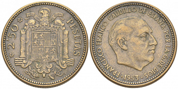 ИСПАНИЯ 2 1/2 ПЕСЕТЫ 1953 (54) ФРАНСИСКО ФРАНКО ДИКТАТОР ИСПАНИИ (1939-1975) KM 785 алюминиевая бронза 68-145