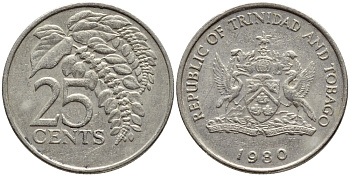 Тринидад и Тобаго 25 центов 1980 цветок дикая пуансеттия KM 32 медно-никель 4396-755