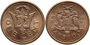 Барбадос 1 цент 1996 сломанный трезубец Британии KM 10а цинк плакированный медью 4398-612