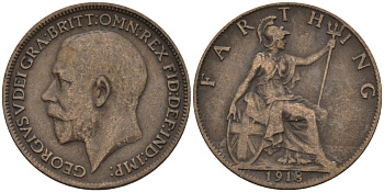 Великобритания 1 фартинг 1918 Георг V (1910-1936) KM 825, Spink 4061 бронза 4596-1017