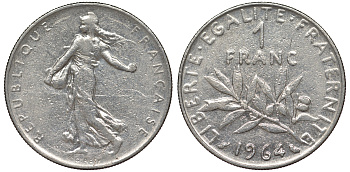 Франция 1 франк 1964 сеятель KM 925.1, Le Franc 226.8 никель 25-2351