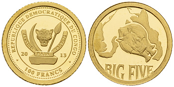 Конго 100 франков 2013 серия большая пятерка, носорог золото PROOF 00-804-33