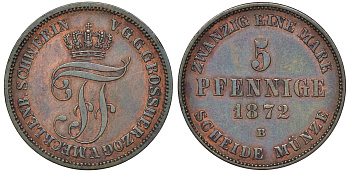 Мекленбург-Стрелиц 5 пфеннигов 1872 B, Фридрих Франц II (1842-1883) KM 103 медь 1523-915