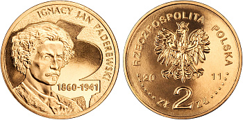 Польша 2 злотых 2011 MW, 70 лет со дня смерти Игнация Яна Падеревского (1860-1941) KM 789 нордик UNC 4676-831