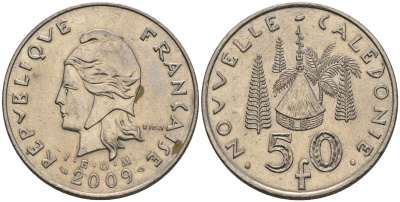 Французская Новая Каледония 50 франков 2009 хижина среди сосен и пальм, (IEOM) KM 13a, Schoen 15a, Lec 128i медно-никель 4111-625