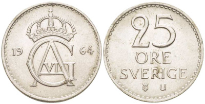 Швеция 25 эре 1964 U, Густав VI Адольф (1950-1973) KM 836 медно-никель 4516-461